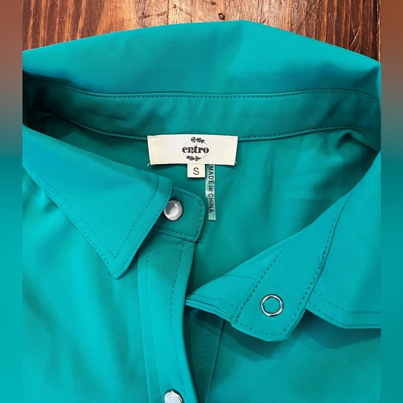 ENTRO Kelly Green Babydoll Style Collared Puff Sleeve Dress Pearl Snap - Picture 6 of 11